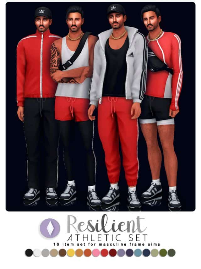 male sims dressed in black, white and black athletic clothing