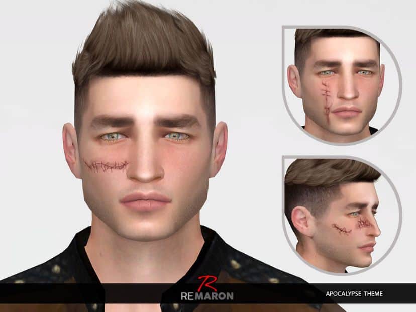 male sim with stitched face scars