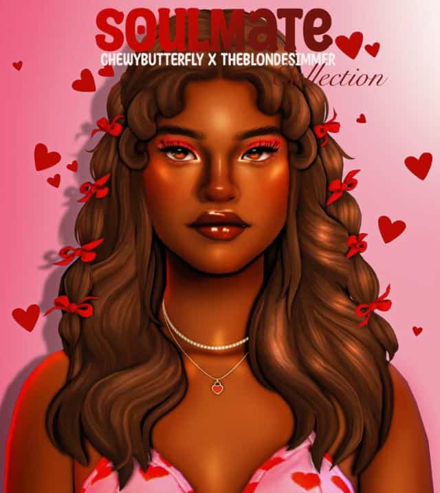 female sims with red makeup and floating hearts