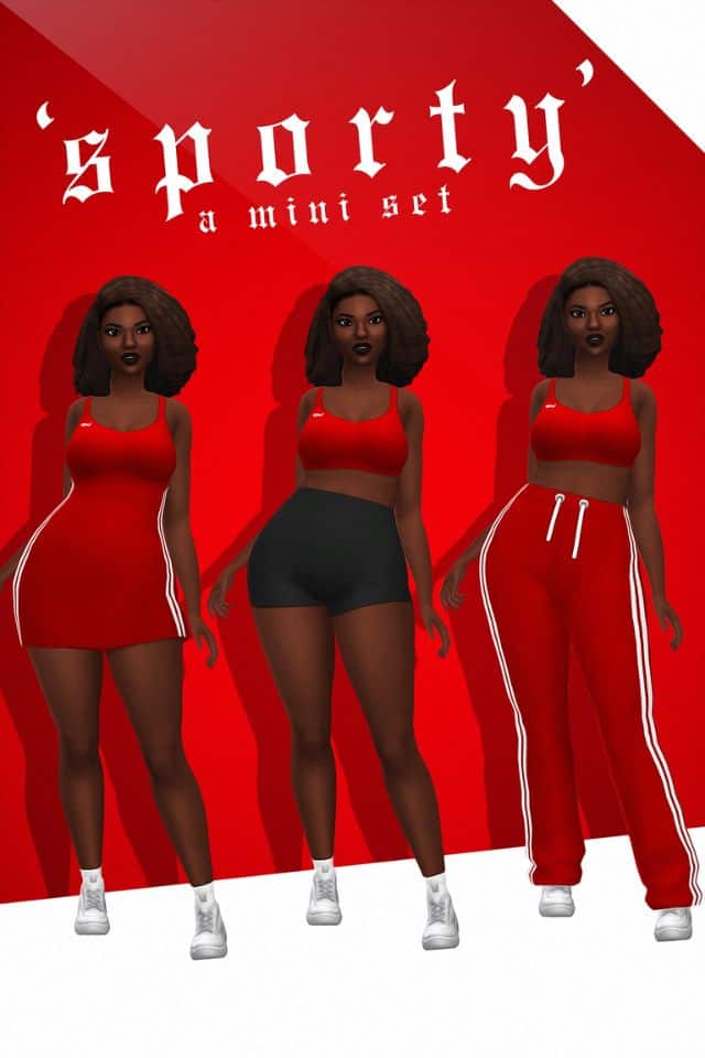 3 female sims dressed in red and black sporty clothing