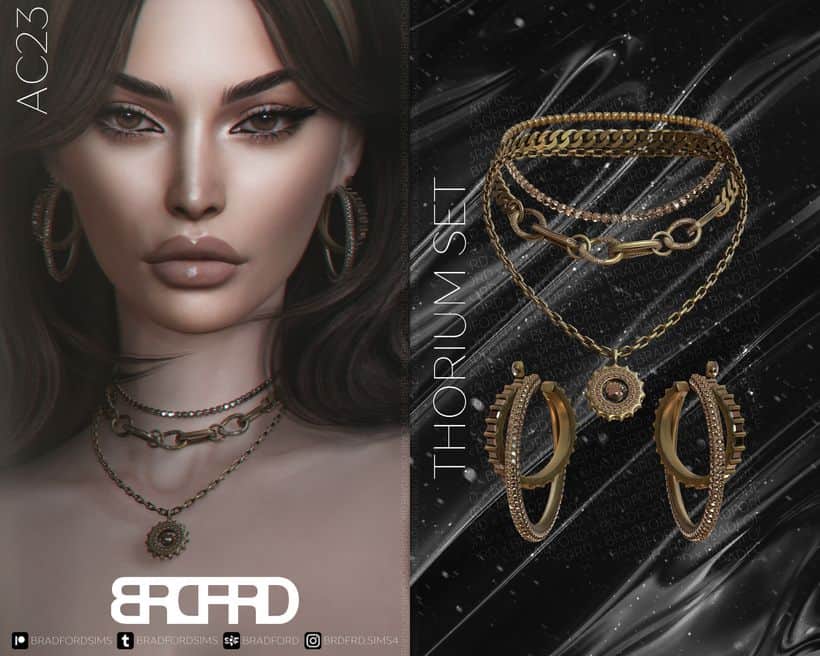 sim wearing thorium earrings and necklace