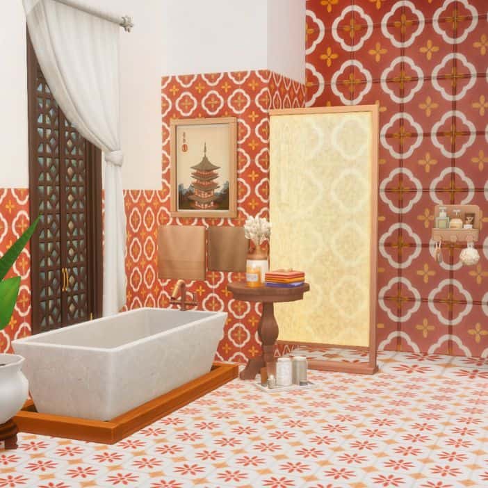 bathroom with orange colored tiles