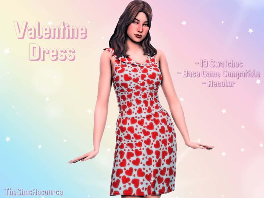 female sim in a dress full of hearts