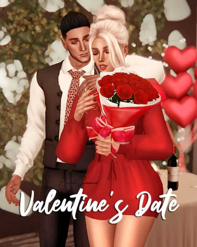 sim couple holding a bouquet of roses
