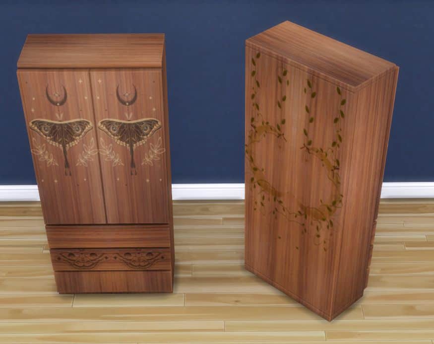 wooden armoires with moths and moons