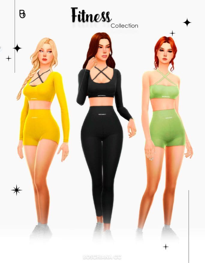 trio of sims dressed in fitness clothing