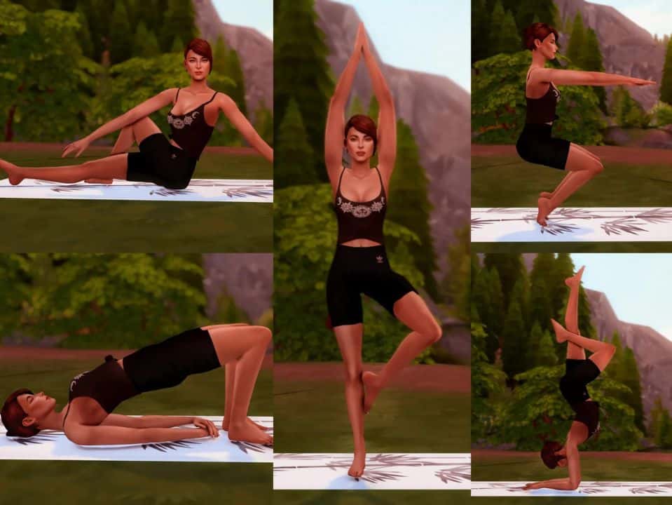 collage of sim doing different yoga poses outdoors