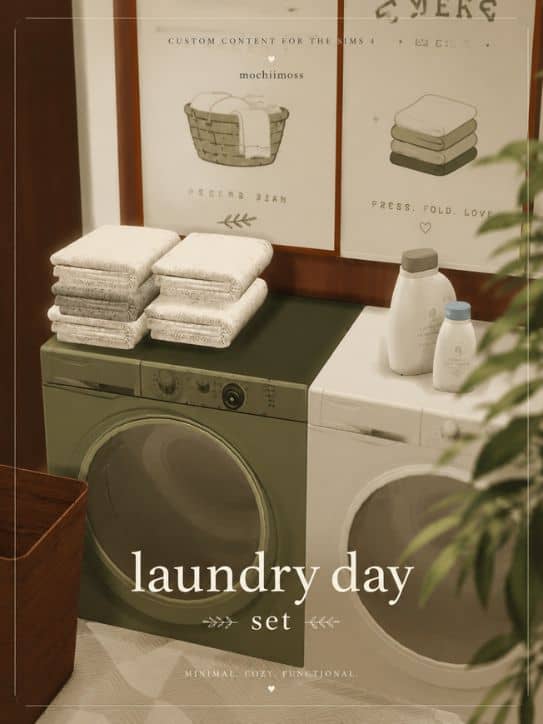 a laundry room with appliances, folded towels and supplies