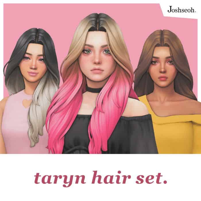 three female sims with long smooth hair