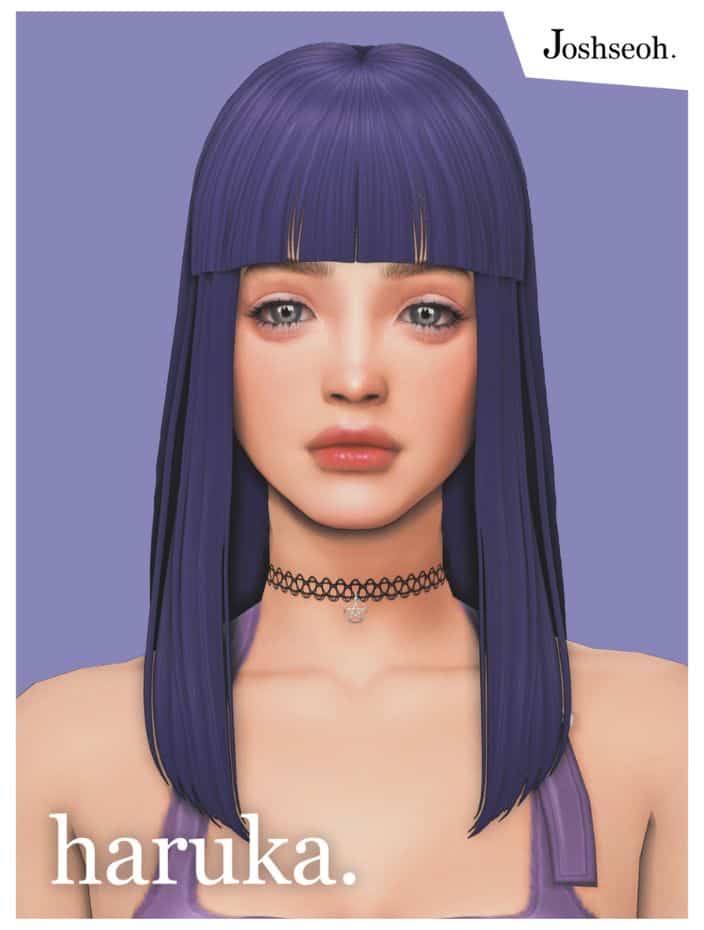 Female sim with purple hair and bangs