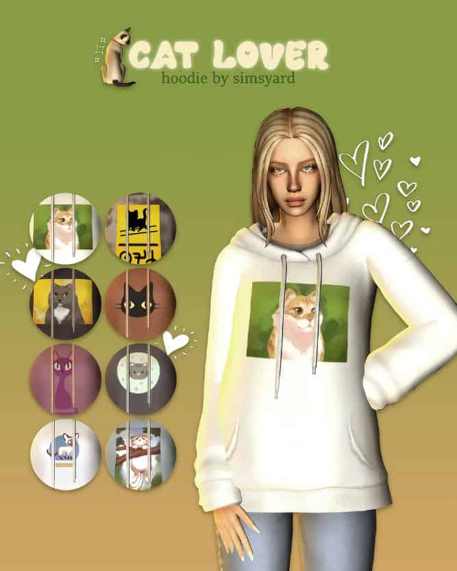 female sim wearing a hoodie with a cat print on the front