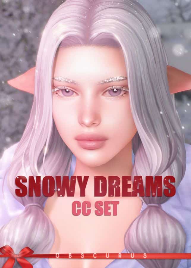 female sim with silver hair, eyebrows, and snowy lashes