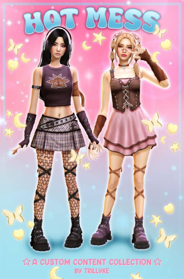 two female sims dressed in Y2K clothing with a touch of grunge