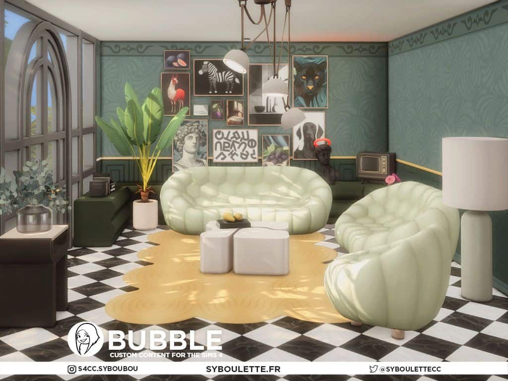 living room with bubble style sofas