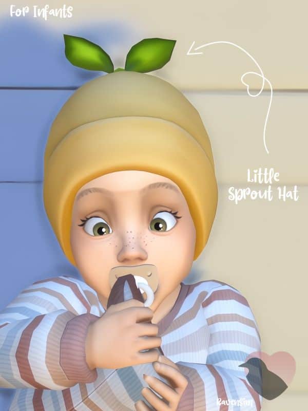 infant sim wearing a hat with a little sprout on top