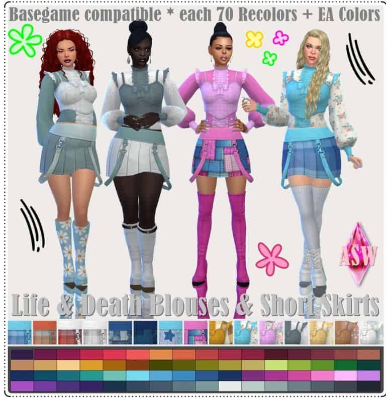 four female sims dressed in bouses and short skirts with hanging suspenders