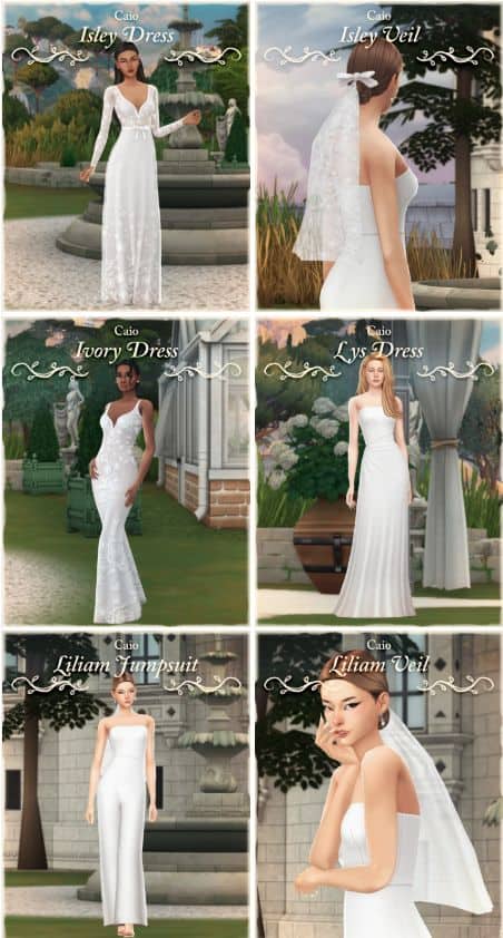 collage of Sims brides in different dresses and a jumpsuit