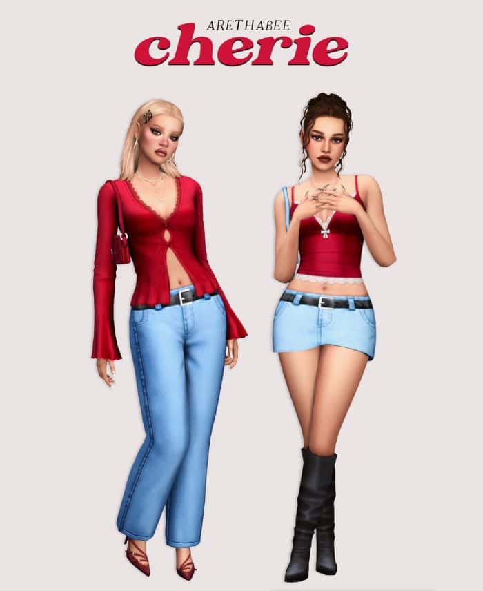 two female sims wearing red and denim clothing pieces