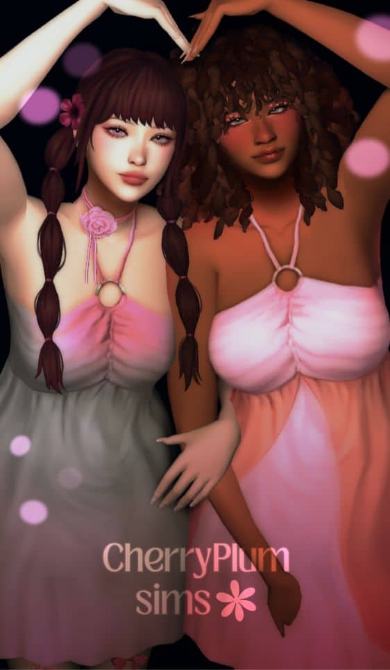 two female sims dressed in flowy halter dresses