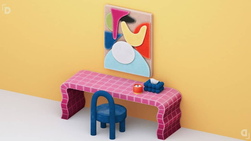 a bright pink desk, blue chair and abstract wall art