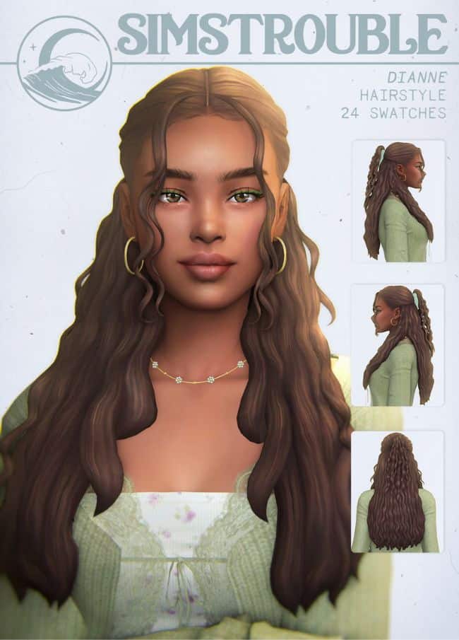 a black female sim with long curly hair wrapped in a claw clip