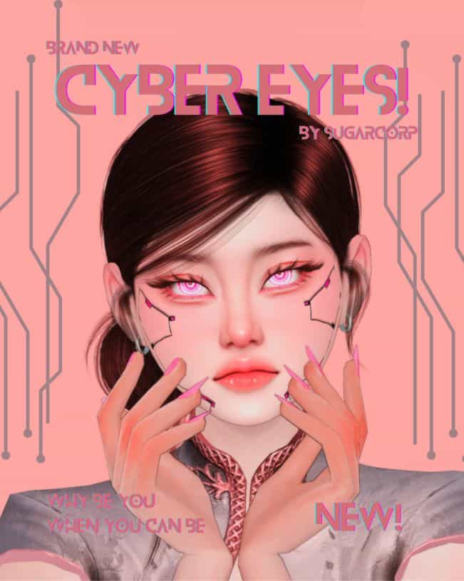 female sim with pinkish cyber eyes