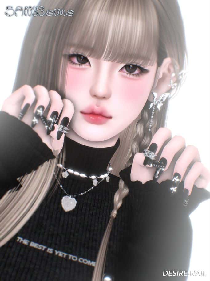 asian female sims showinng black embelished nails