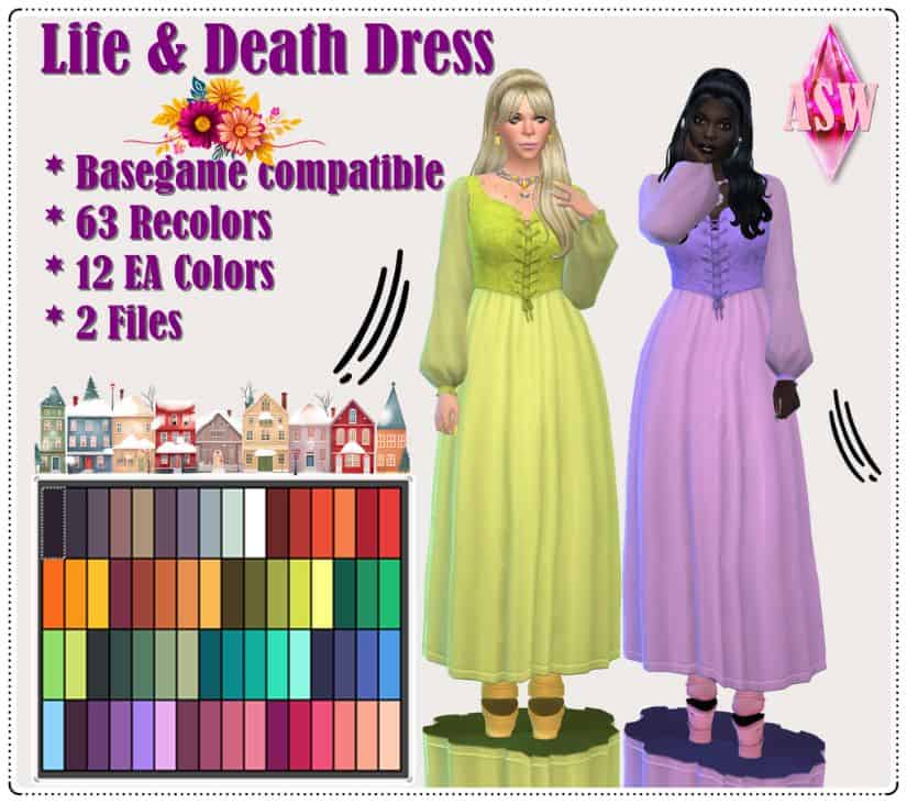 two female sims dressed in long sleeve, flowy dresses