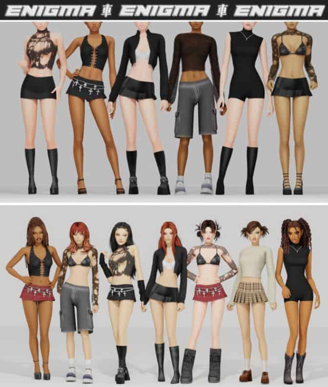 collage of teen sims dressed in trendy clothes with a black color palette influence