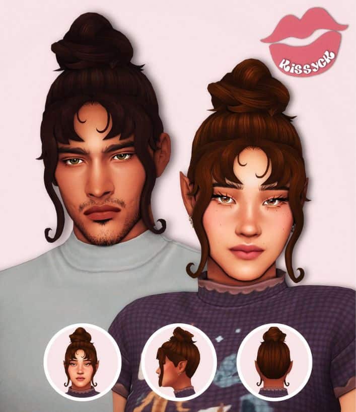 male and female sims porting a top bun