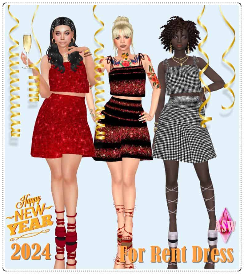 three female sims dressed in sparkly dresses