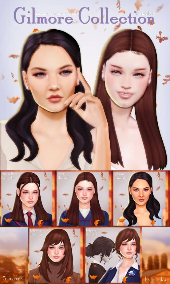 collage of sims 4 cc hairs on sim Lorelai and Rory