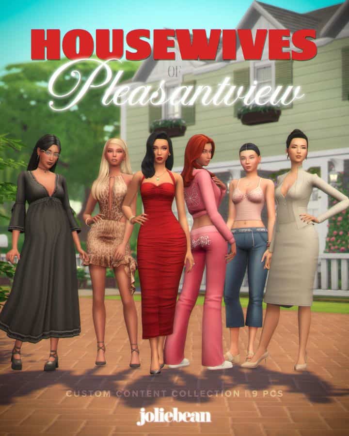 six female sims dressed in casual and dressy clothing