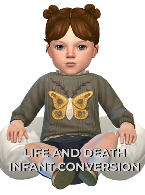 infant sim wearing a grey sweater with a butterfly design