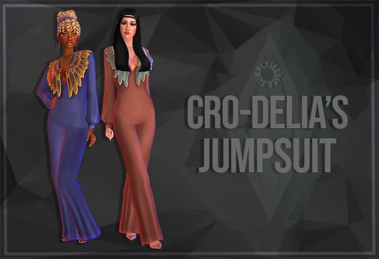 two female sims dressed in jumpsuits with feather details