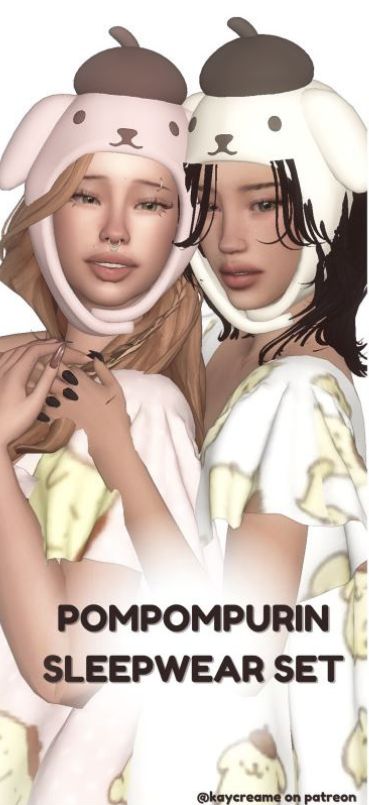 two female sims wearing Pompompurin beanies and nightdresses