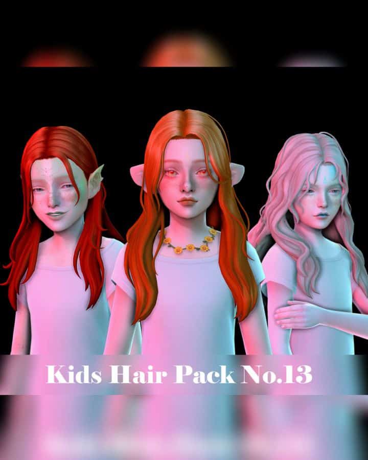 three kids sims with long hairstyles