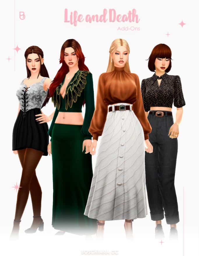 four female sims dressed in two-piece outfits