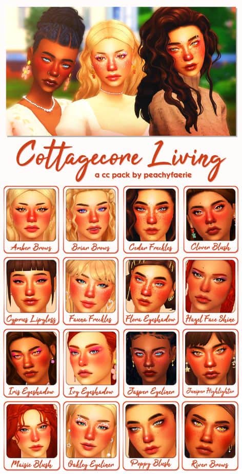 collage of different brows, freckles and makeup on female sims faces