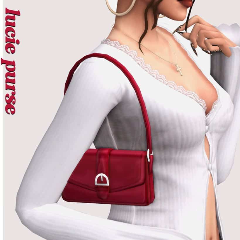 a sim wearing a red shoulder bag with a silver buckle