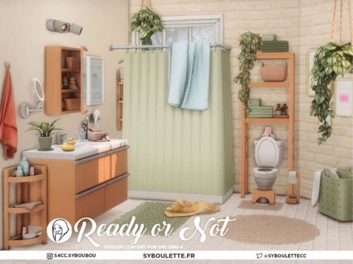 a realistic sims 4 bathroom in a beige and light green color palette