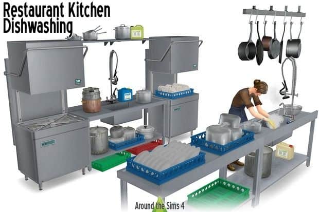 a sim washing dishes in a restaurant kitchen