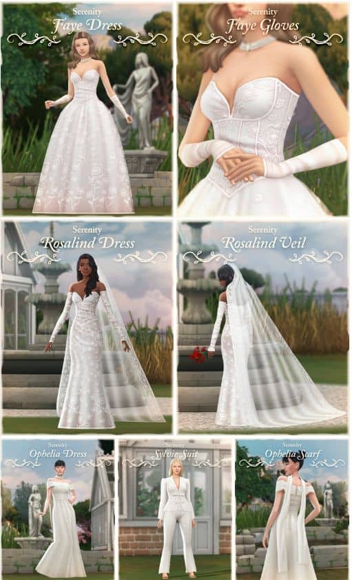 collage of Sims brides in different dresses, and a pantsuit