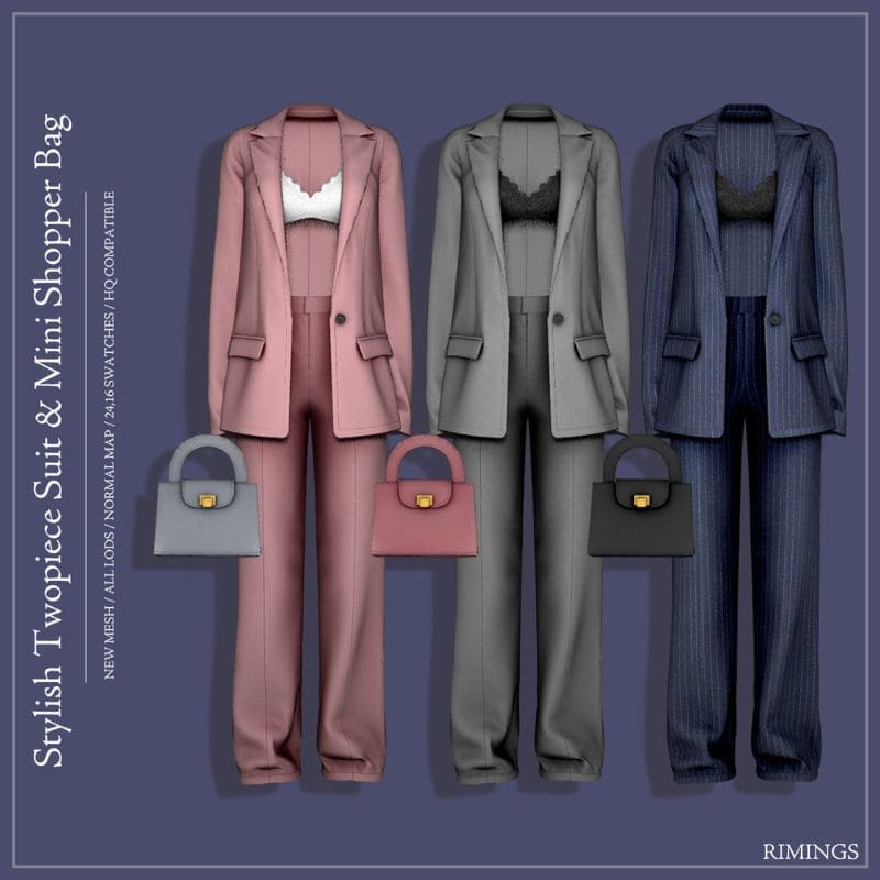 collage of a 2-piece suits and matching bags in 3 colors