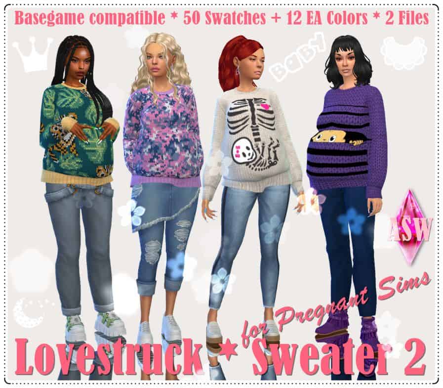 four pregnant sims dressed in knit sweaters with different designs