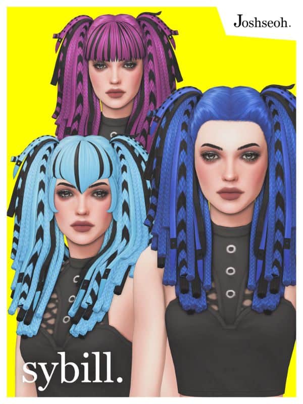 three female sims with large colorful pigtails with many intricate braids