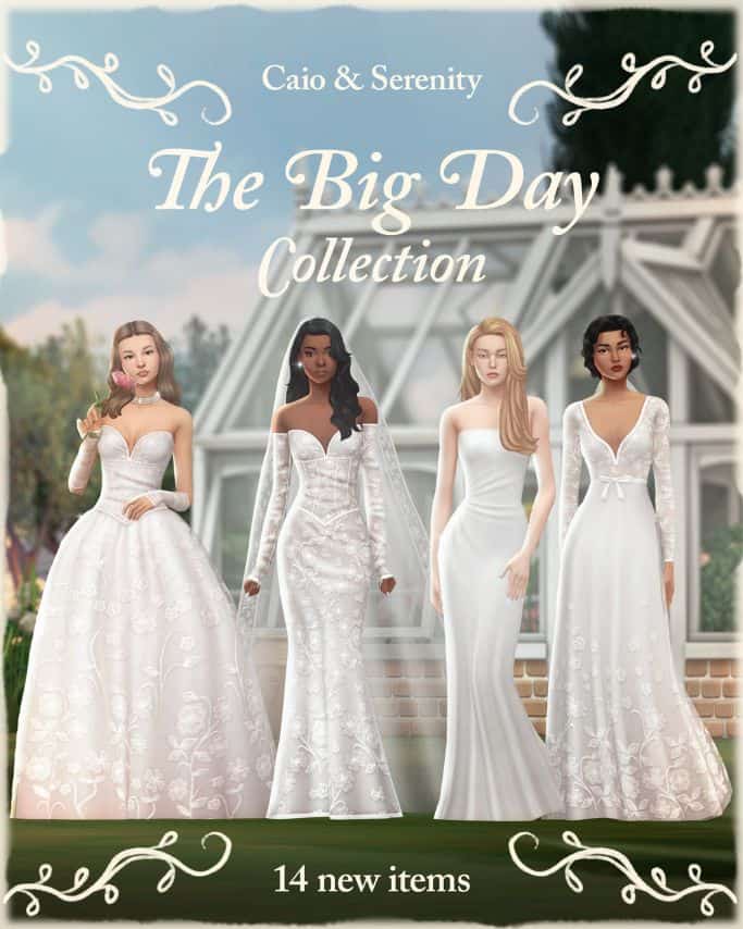 four female sims in different wedding dresses