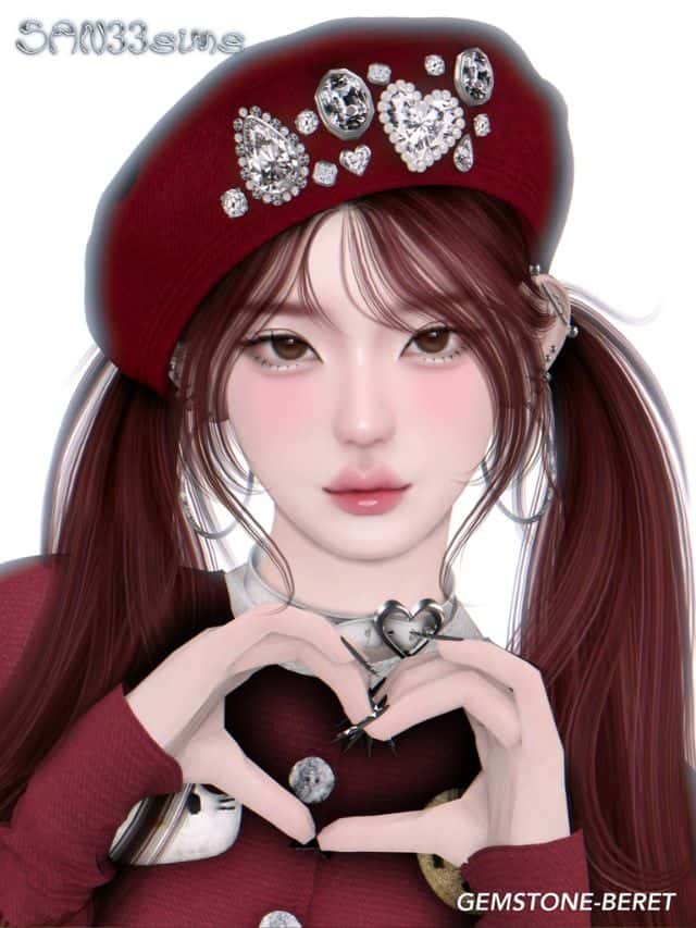 female sim wearing a red beret with gemstones