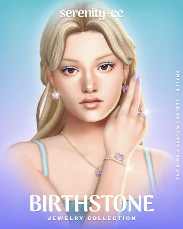 blond female sim wearing birthstone jewelry pieces