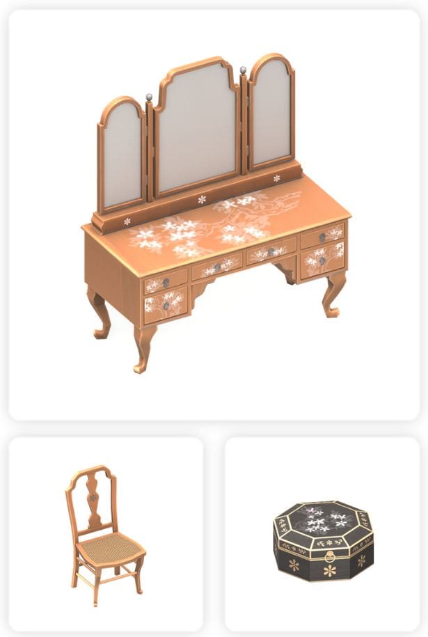 vintage vanity table, chair and jewelry box